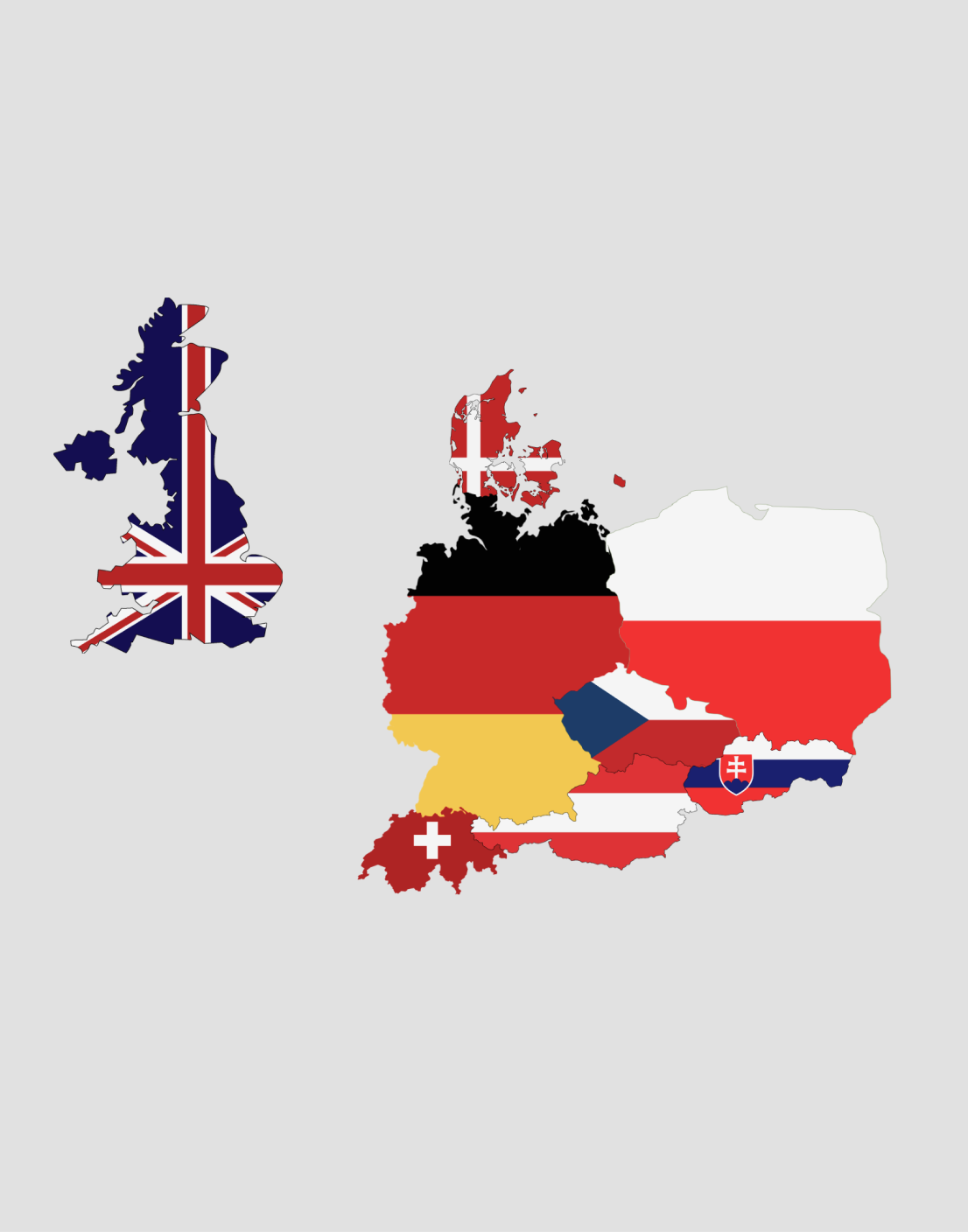 Mapa z oznaczonymi krajami: Polska, Wielka Brytania, Słowacja, Szwajcaria, Niemcy, Austria, Dania, Czechy, 
