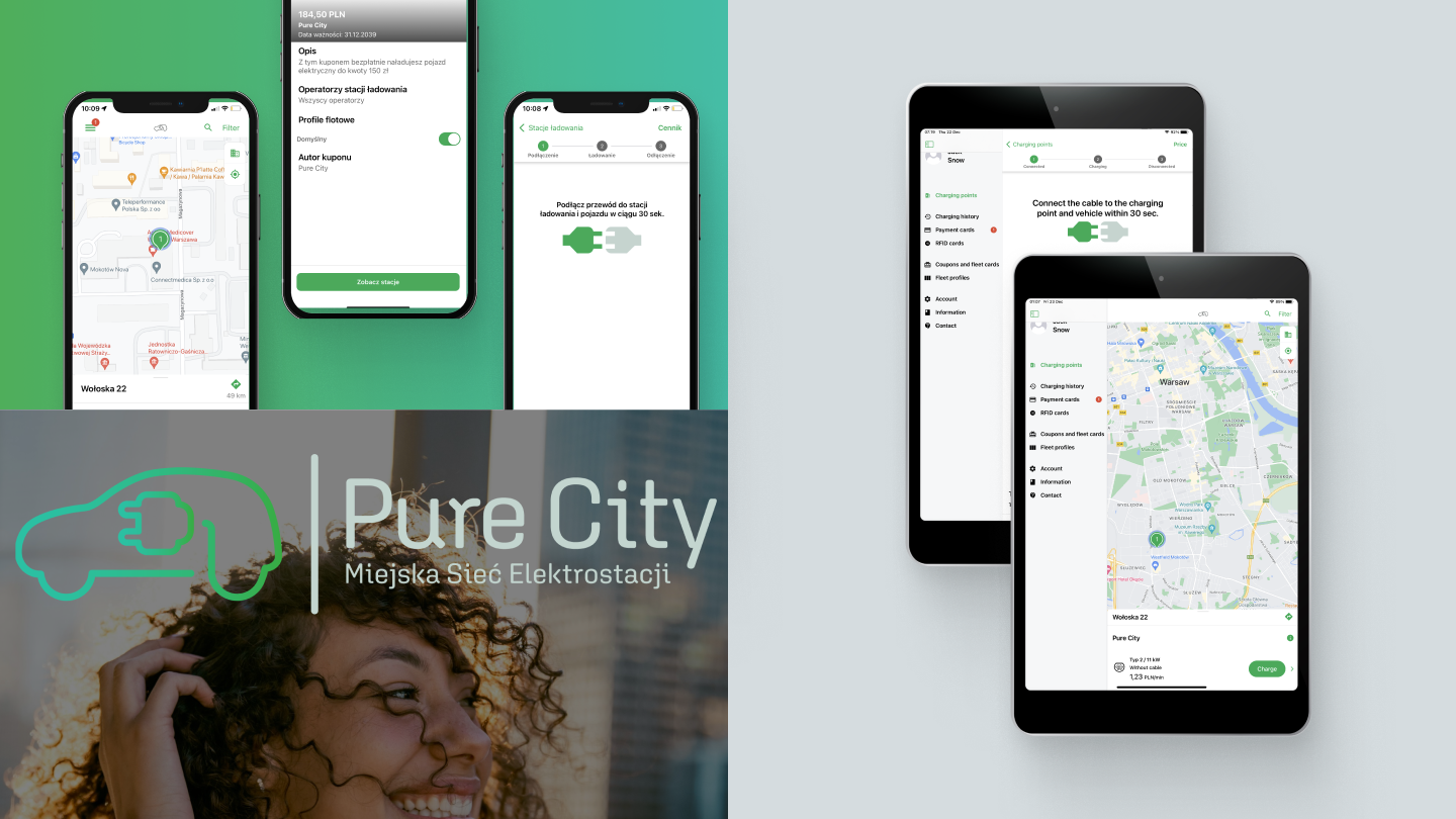 Grafika z  zestawieniem mockupów aplikacji Pure City w wersji mobile i tablet.