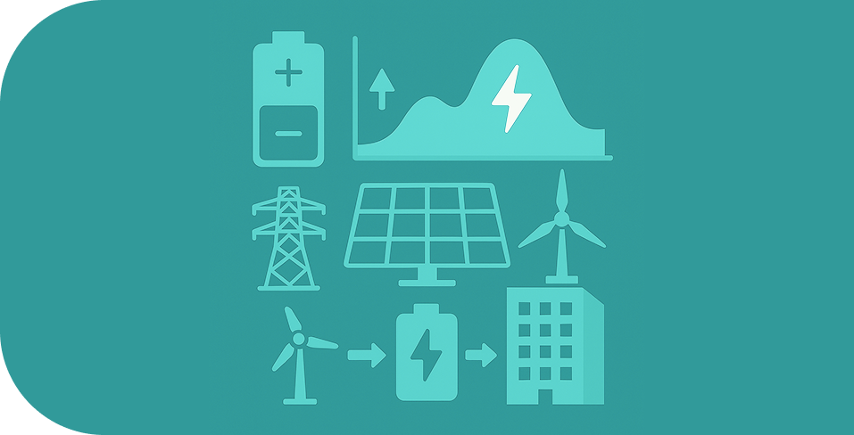 Grafika przedstawiająca ikonki związane z optymalizacją magazynów energii.