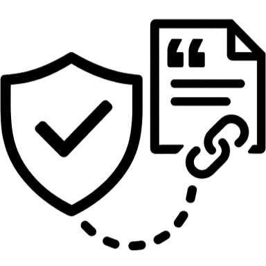 Ikona: Tarcza z haczykiem (symbol ochrony/bezpieczeństwa i walidacji) połączona przerywanym łańcuchem z dokumentem z cudzysłowami (symbol źródła/cytatu). Symbolizuje bezpieczeństwo danych, weryfikację lub wiarygodne źródła.