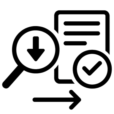 Ikona: Lupa ze strzałką w dół (wyszukiwanie/pobieranie danych) obok dokumentu z haczykiem (potwierdzenie/walidacja), połączone strzałką w przód i w tył. Symbolizuje proces wyszukiwania i walidacji informacji.