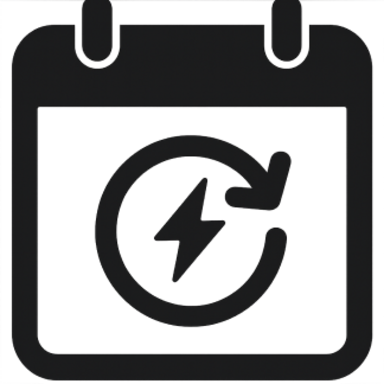 Ikona: Kalendarz z symbolem odświeżania/cyklu (okrągła strzałka) w środku, w którym znajduje się błyskawica. Symbolizuje szybkie odświeżanie, aktualizację lub cykliczność.