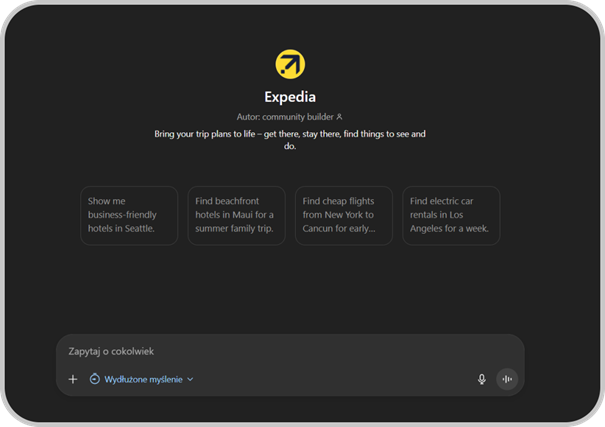 Interfejs czatbota Expedia w ciemnym motywie. Pokazuje on sugerowane przykłady zapytań związanych z podróżami i hotelami, takie jak "Show me business-friendly hotels in Seattle" oraz pole wprowadzania pytania z opcją "Wydłużone myślenie".