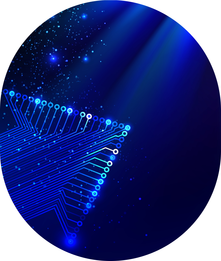 Abstrakcyjne tło: Okrągłe, ciemnoniebieskie tło z efektem kosmosu lub rozświetlonych promieni, z widocznym, stylizowanym wzorem ścieżek elektronicznych (płyta główna/chip) w kształcie gwiazdy. Symbolizuje technologię i sztuczną inteligencję.