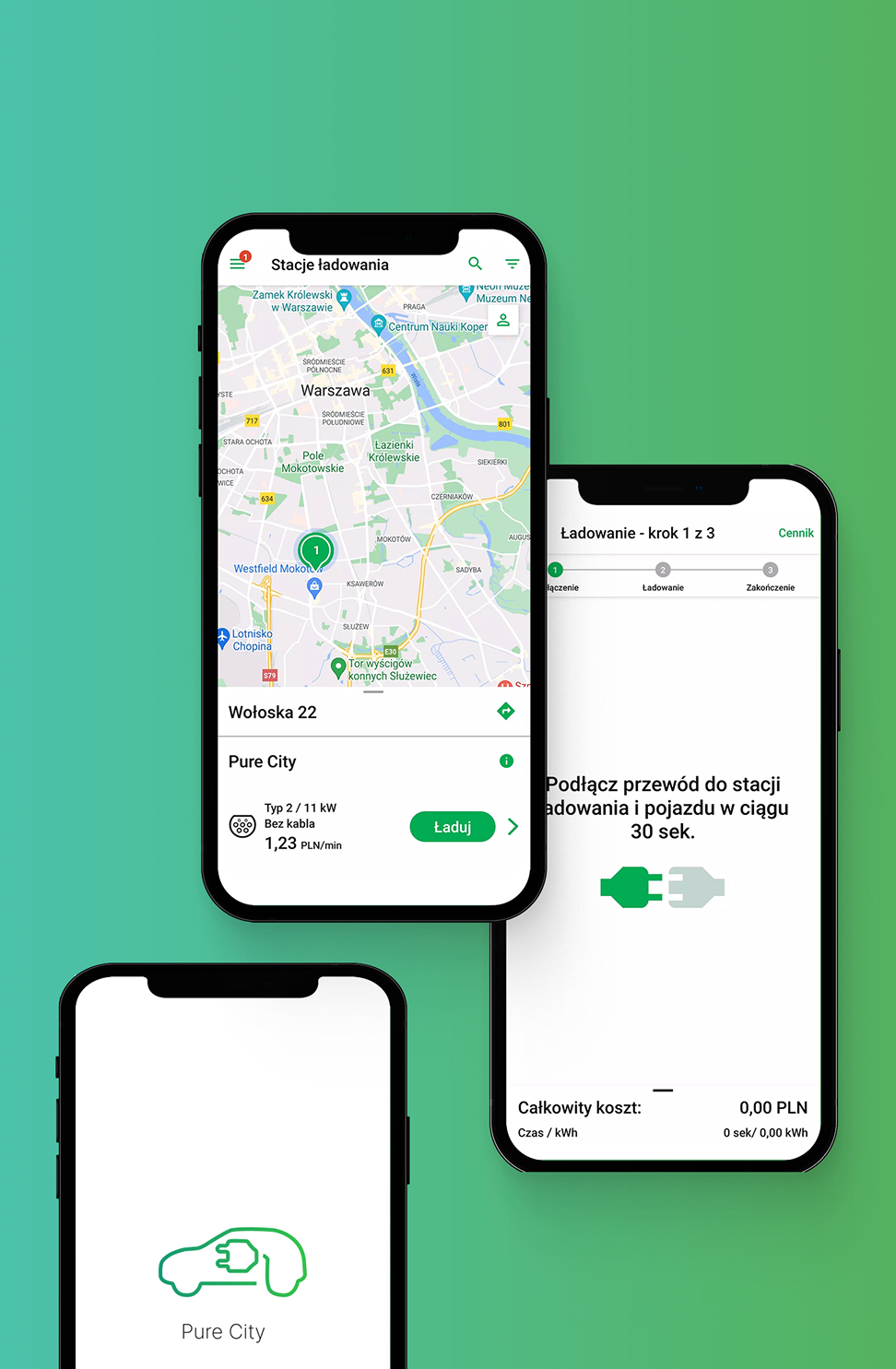 Ekrany aplikacji mobilnej Pure City do zarządzania siecią ładowarek samochodów elektrycznych