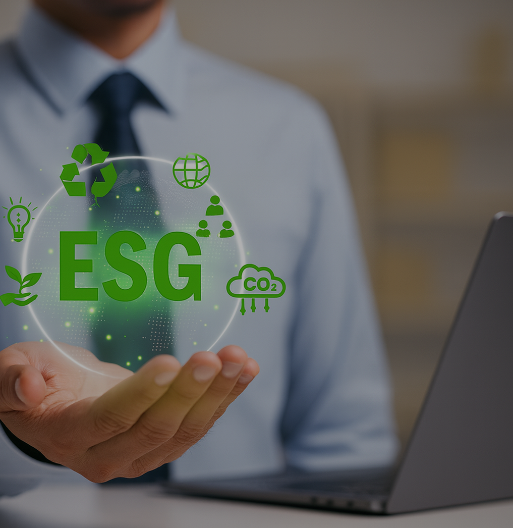 Laptop z hologramem ESG i ikonami zrównoważonego rozwoju – wizualizacja systemu raportowania danych