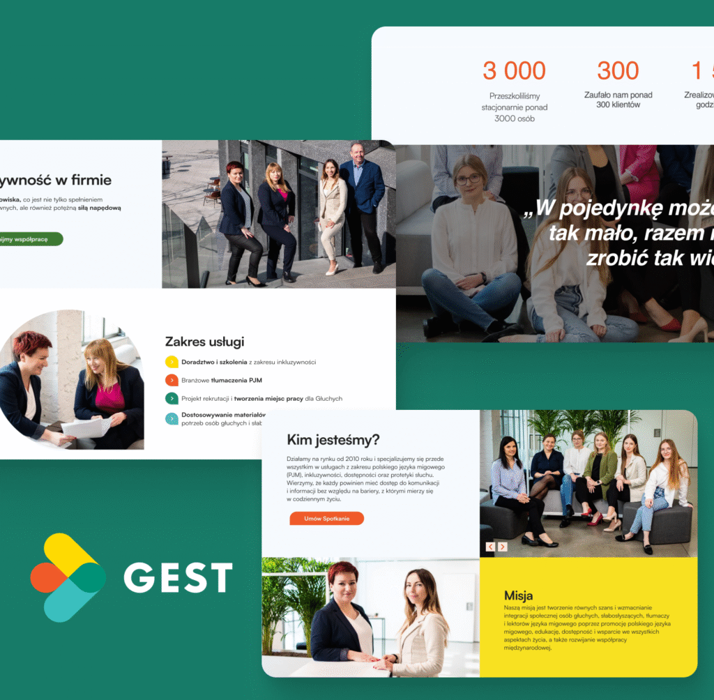 Projekt strony internetowej Towarzystwa Gest prezentujący ofertę wsparcia, zespół i statystyki organizacji.