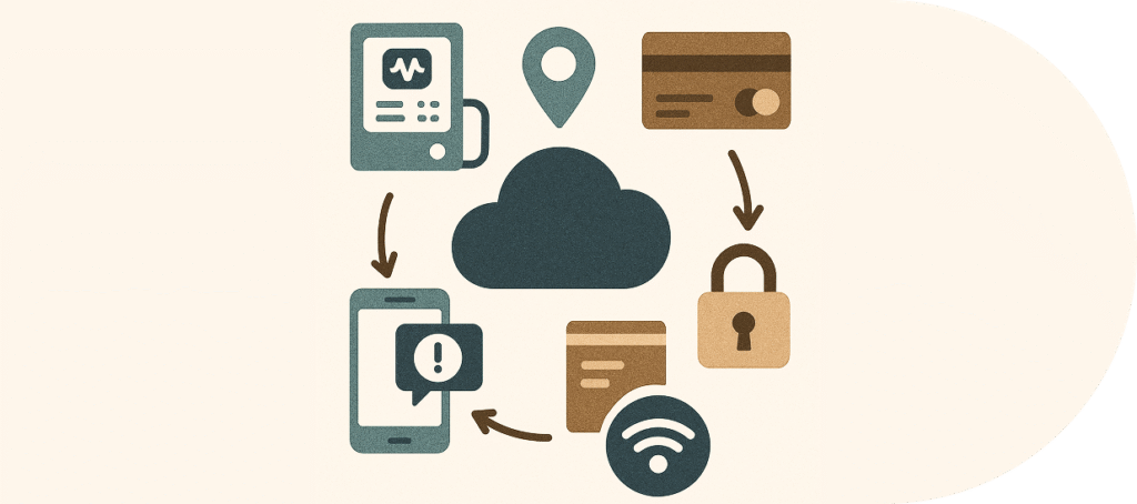 Ikony infrastruktury technologicznej: IoT, chmura, płatności online i zabezpieczenia danych.