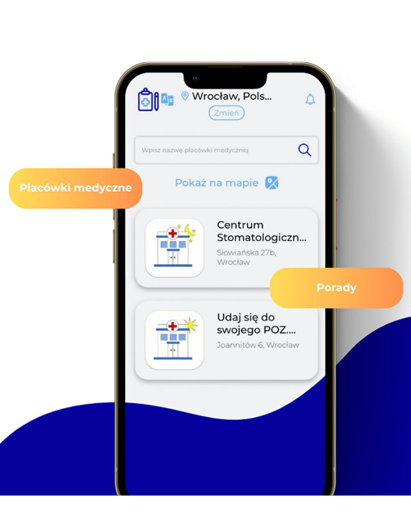 Aplikacja Niezbędnik Pacjenta prezentująca lokalizacje placówek medycznych i funkcje wyszukiwania.