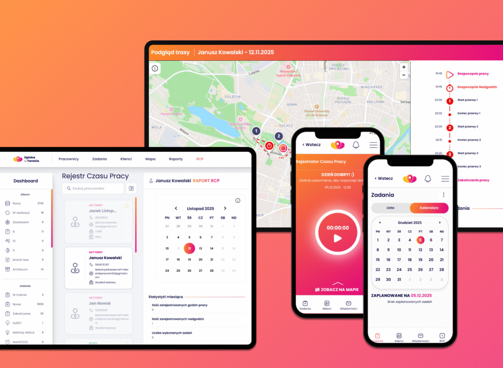 Interfejs systemu Opieka w Terenie z harmonogramem wizyt, mapą i modułami raportowania.