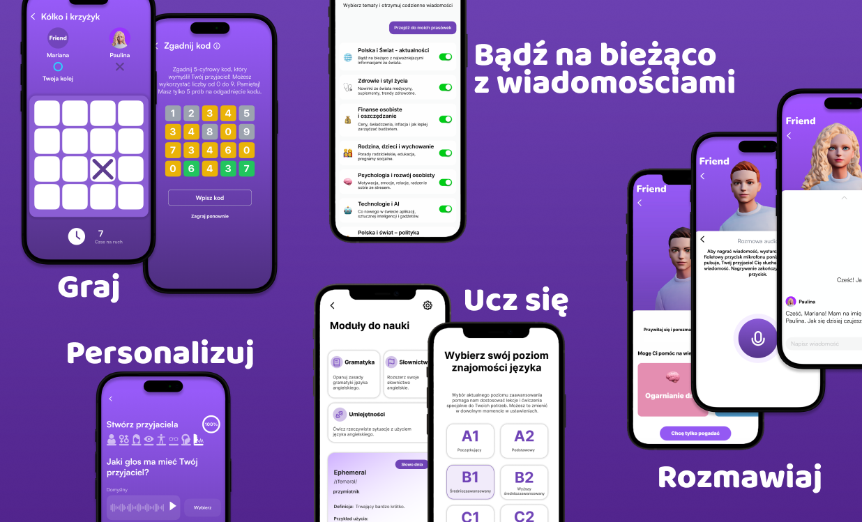 Interfejs aplikacji mobilnej Friend – moduły nauki języków, prasówki oraz mini-gry zwiększające zaangażowanie i retencję użytkownika.