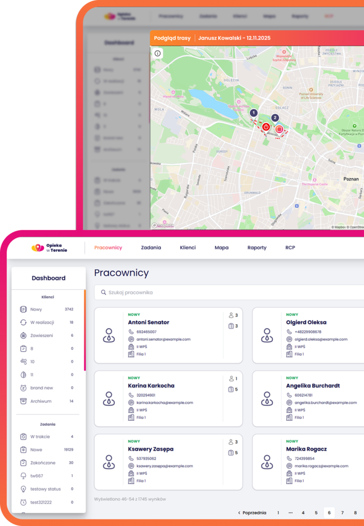 Obrazy przedstawjące dashboard, aplikacji opieka w terenie