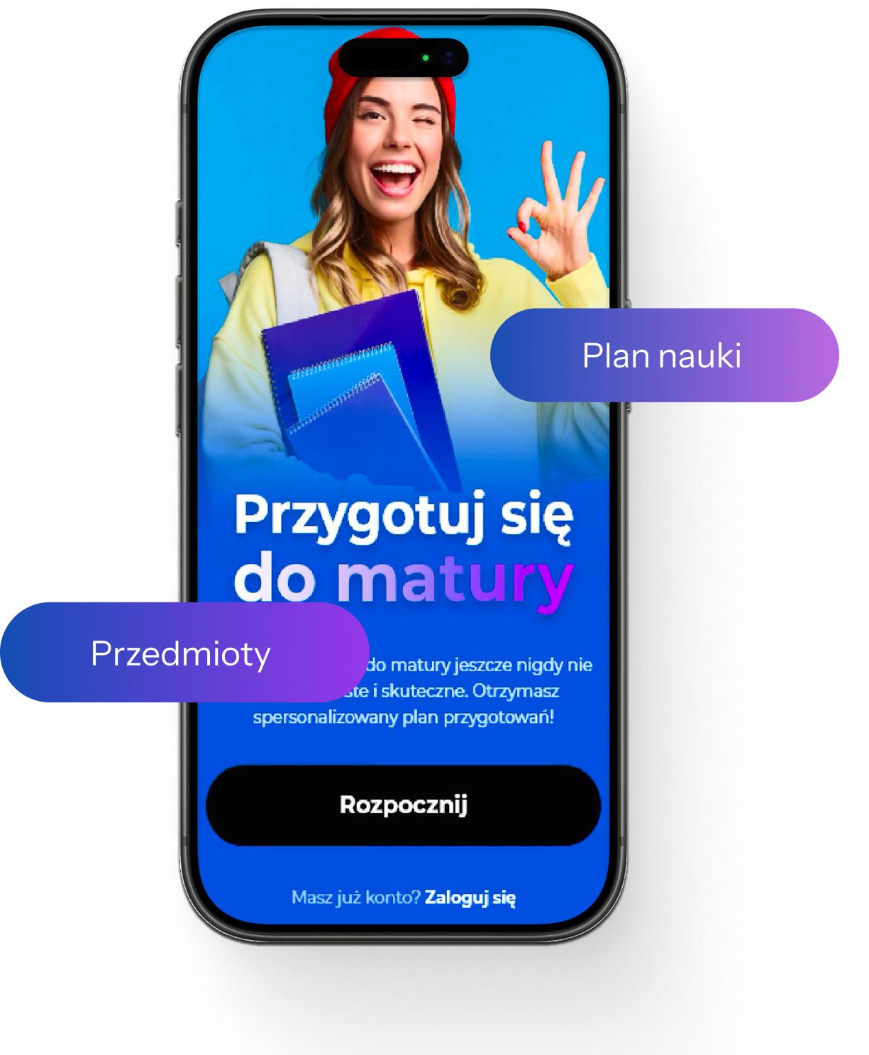 Obrazek przedstawia mobilną wersje aplikacji maturalert "Przygotuj sie do matury"